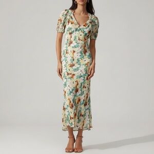 Anthropologie cream Floral Puff Sleeve slip Maxi Dress chiffon boho romance